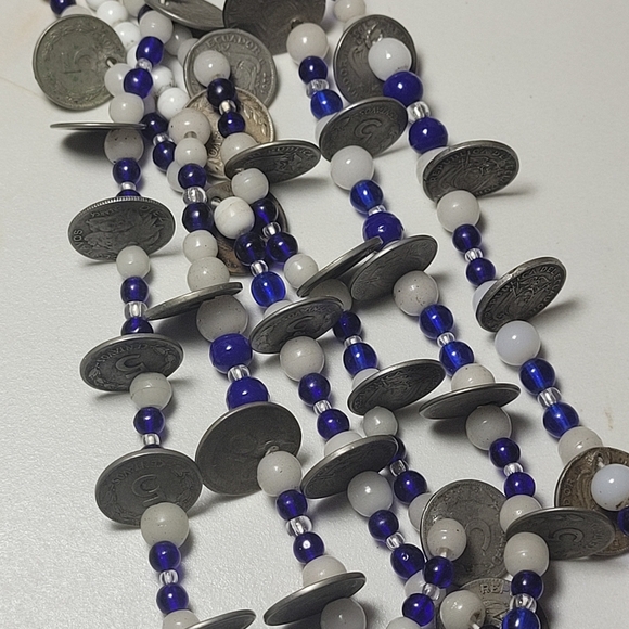 Otavalo 3 Strand Trade Bead Glass & 5 Centavo Coins Necklace Blue & White 24" - Picture 13 of 14
